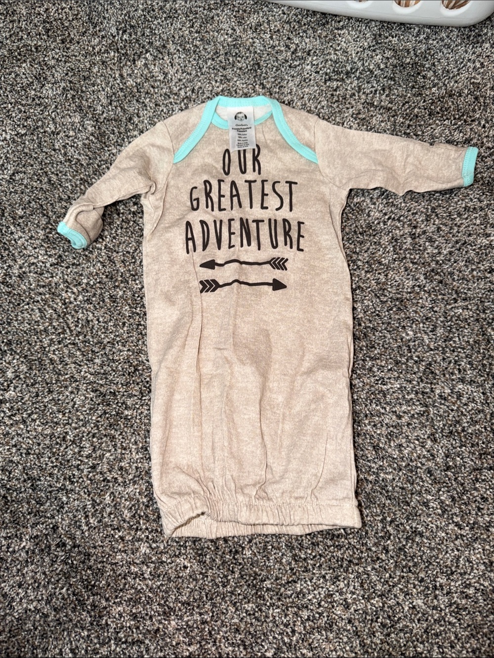 Gerber Taupe Baby Gown with Mint Trim "Our Greatest Adventure"